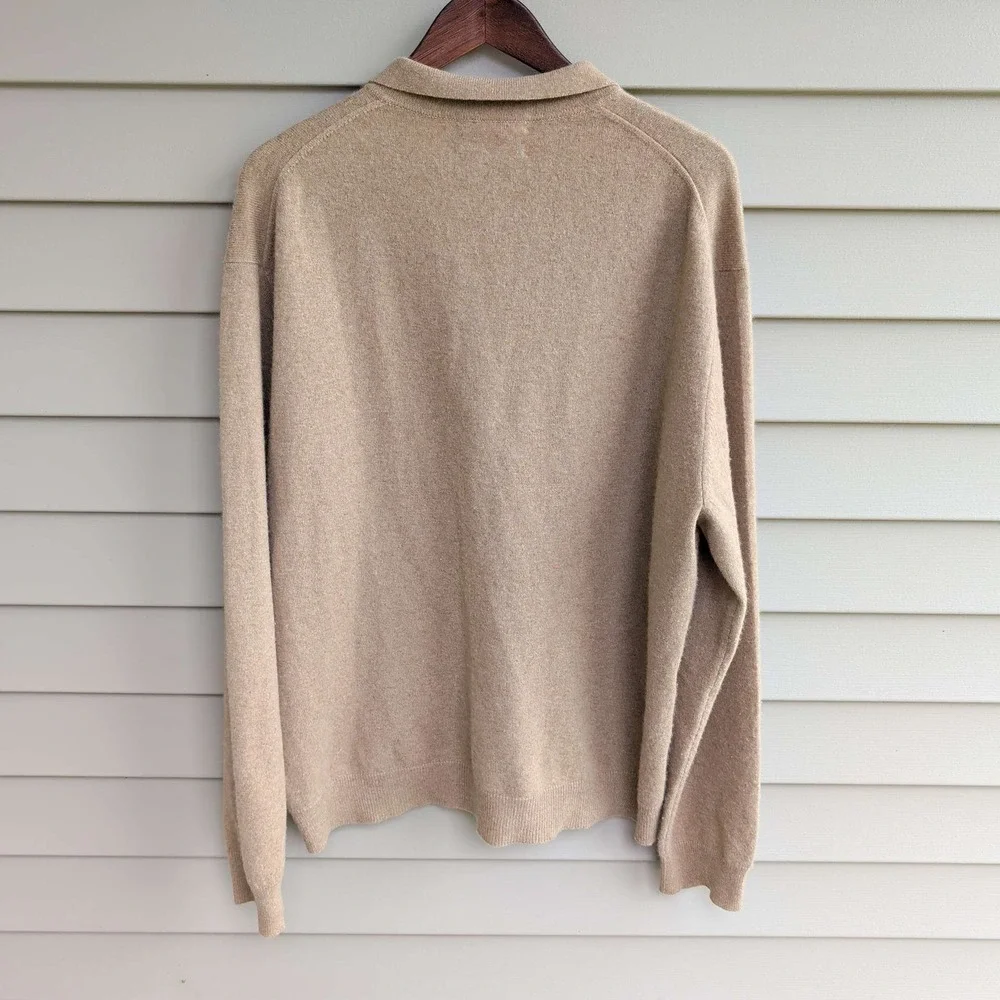 Tasso Elba Cashmere Polo Sweater Mens XL Tan Long Sleeve 3-Button Knit